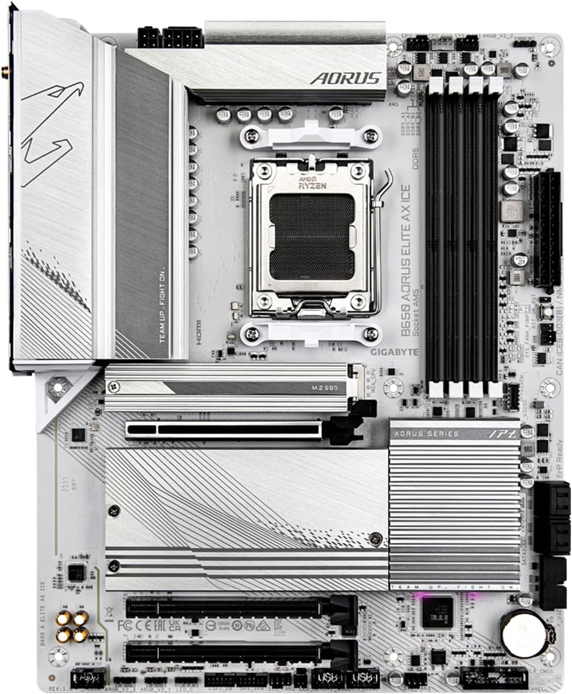 GIGABYTE B650 AORUS Elite AX Ice (AM5/ LGA 1718/ AMD/ B650/ ATX/Garantie 5 ans/DDR5/Triple M.2/PCIe 5.0/USB 3.2 Gen2X2 Type-C/WiFi 6E/2.5GbE LAN/Snow White/EZ-Loquet/Carte mère)