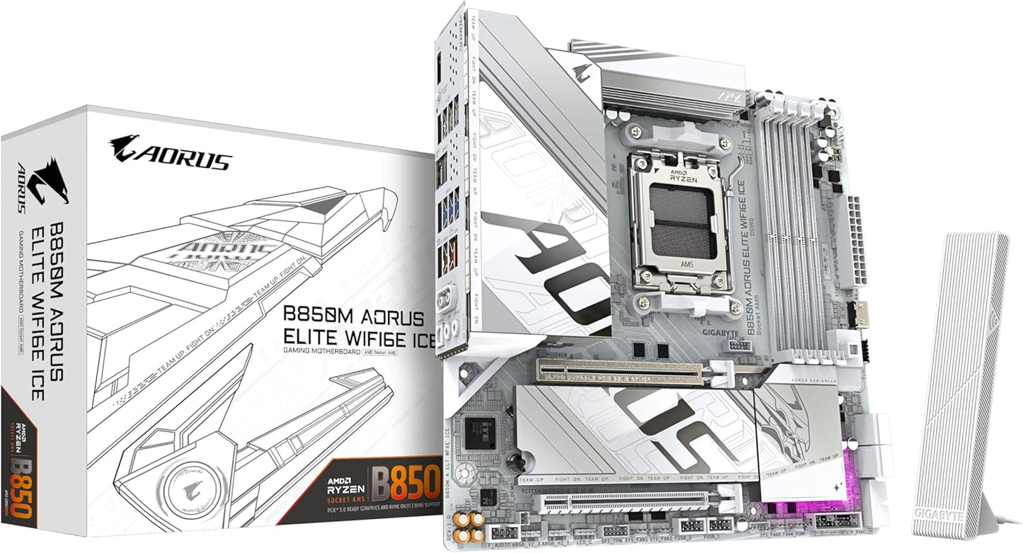 GIGABYTE B850M AORUS Elite WIFI6E Ice Carte Mère - Processeurs AMD Ryzen Série 9000, 12+2+1 Phases VRM numériques, jusqu'à 8200MHz DDR5 (OC), 1xPCIe 5.0 + 1xPCIe 4.0 M.2, WiFi 7, USB 3.2 Gen 2