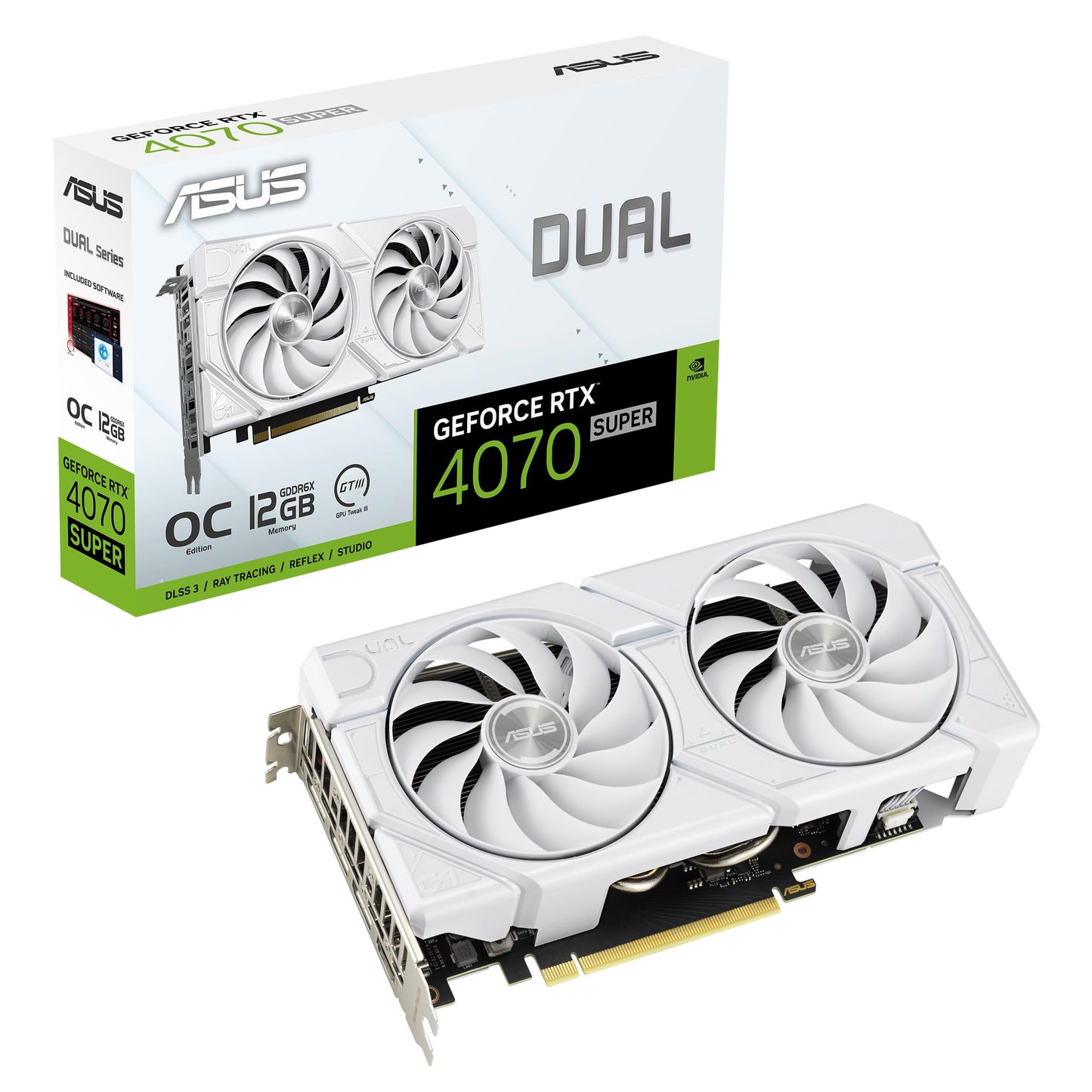 ASUS Dual GeForce RTX™ 4070 White OC Edition 12GB GDDR6X (PCIe 4.0, 12GB GDDR6X, DLSS 3, HDMI 2.1, DisplayPort 1.4a, 2.56-Slot Design, Axial-tech Fan Design, 0dB Technology, and More)