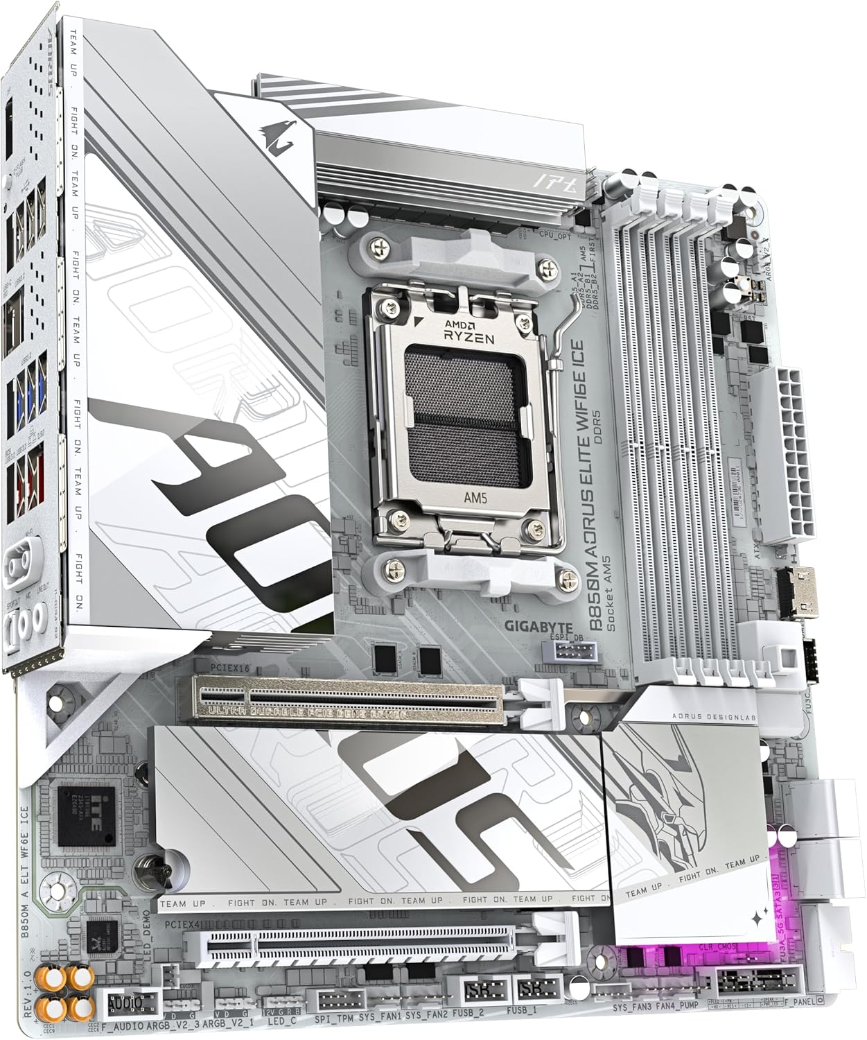 GIGABYTE B850M AORUS Elite WIFI6E Ice Carte Mère - Processeurs AMD Ryzen Série 9000, 12+2+1 Phases VRM numériques, jusqu'à 8200MHz DDR5 (OC), 1xPCIe 5.0 + 1xPCIe 4.0 M.2, WiFi 7, USB 3.2 Gen 2