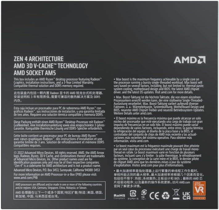 AMD Ryzen 7 7800X3D Processeur avec La Technologie 3D V-Cache (Radeon Graphique Intégré, 8 Cœurs/16 Threads, 120W TDP, Socket AM5, Cache 104 Mo, Jusqu'à 5,0 GHz Fréquence Boost, sans Ventilateur)