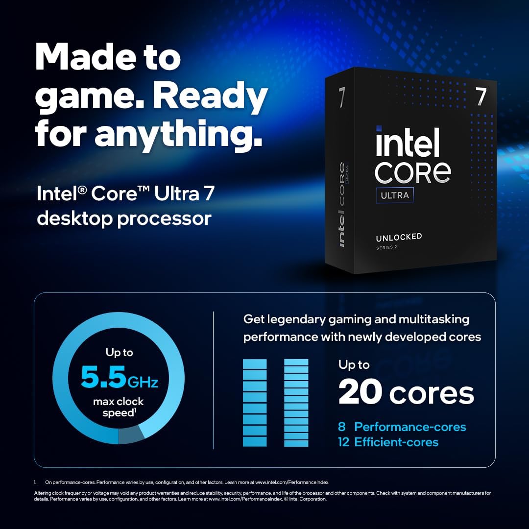 Intel® Core™ Ultra 7 265K processeur pour PC de Bureau 20 cœurs (8 P-Cores + 12 E-Cores) jusqu'à 5,5 GHz