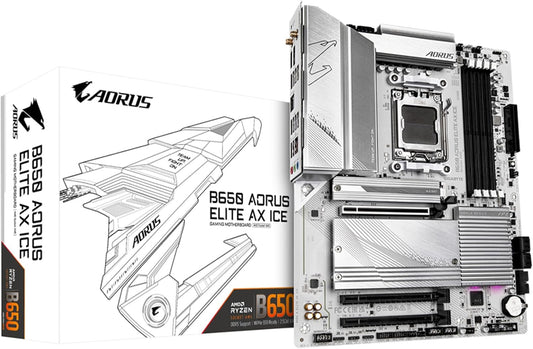 GIGABYTE B650 AORUS Elite AX Ice (AM5/ LGA 1718/ AMD/ B650/ ATX/Garantie 5 ans/DDR5/Triple M.2/PCIe 5.0/USB 3.2 Gen2X2 Type-C/WiFi 6E/2.5GbE LAN/Snow White/EZ-Loquet/Carte mère)