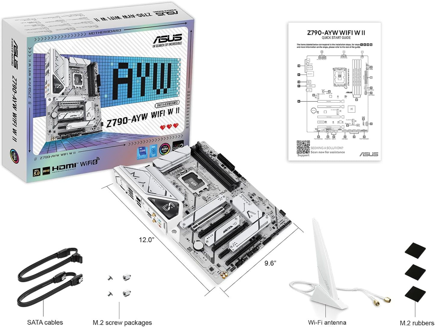 ASUS Z790-AYW Carte mère WiFi W II Intel Z790 (LGA 1700) ATX avec PCIe® 5.0, 3X M.2, 12+1 DrMOS, DDR5, WiFi 6, LAN 2,5 Go, HDMI, USB 10 Gbps Type-C®, USB 10 Gbps Type-C®, Thunderbolt™, USB4®, Aura