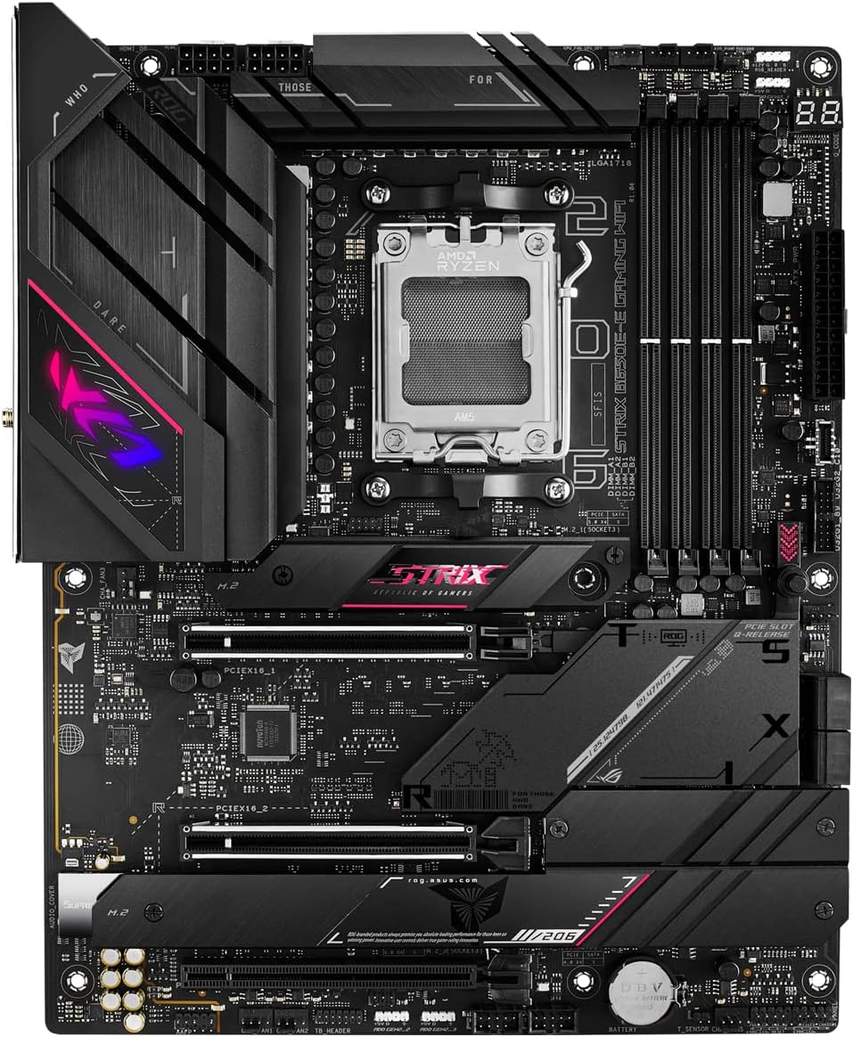 ASUS ROG STRIX B650E-E GAMING – Carte mère AMD Ryzen AM5 ATX (16+2 phases d'alimentation, DDR5, 4 x M.2, PCIe 5.0, WiFi 6E, 2.5G LAN, USB 3.2 Gen 2x2 Type-C rear I/O port, Aura Sync RGB)