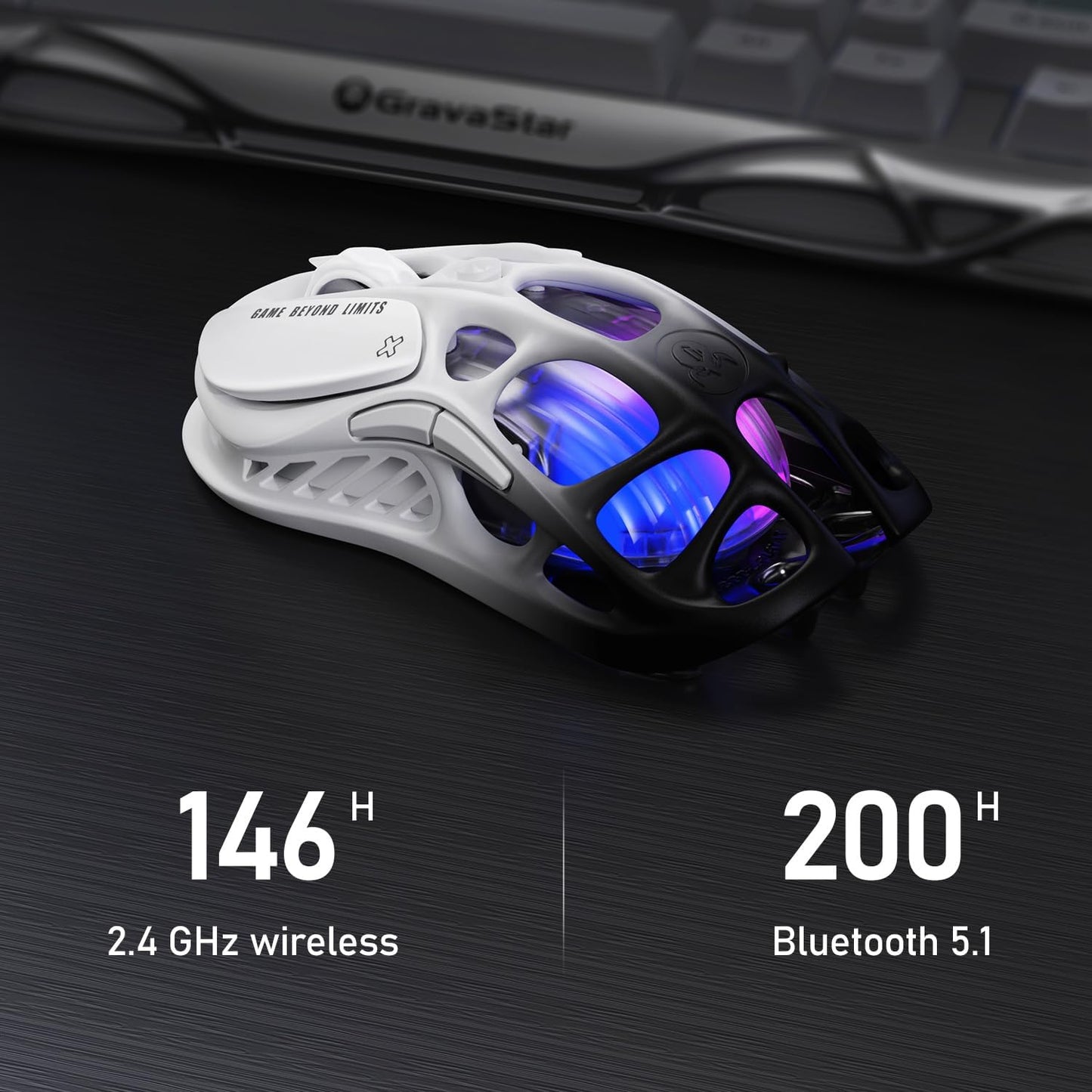 GravaStar Mercury M1 Pro – Souris Gamer sans Fil Ultra-Légère en Alliage de Magnésium, 26 000 DPI, Capteur PAW3395DM, Connexion Triple Mode, 4K, Jusqu'à 200h d'Autonomie - Gradient Noir