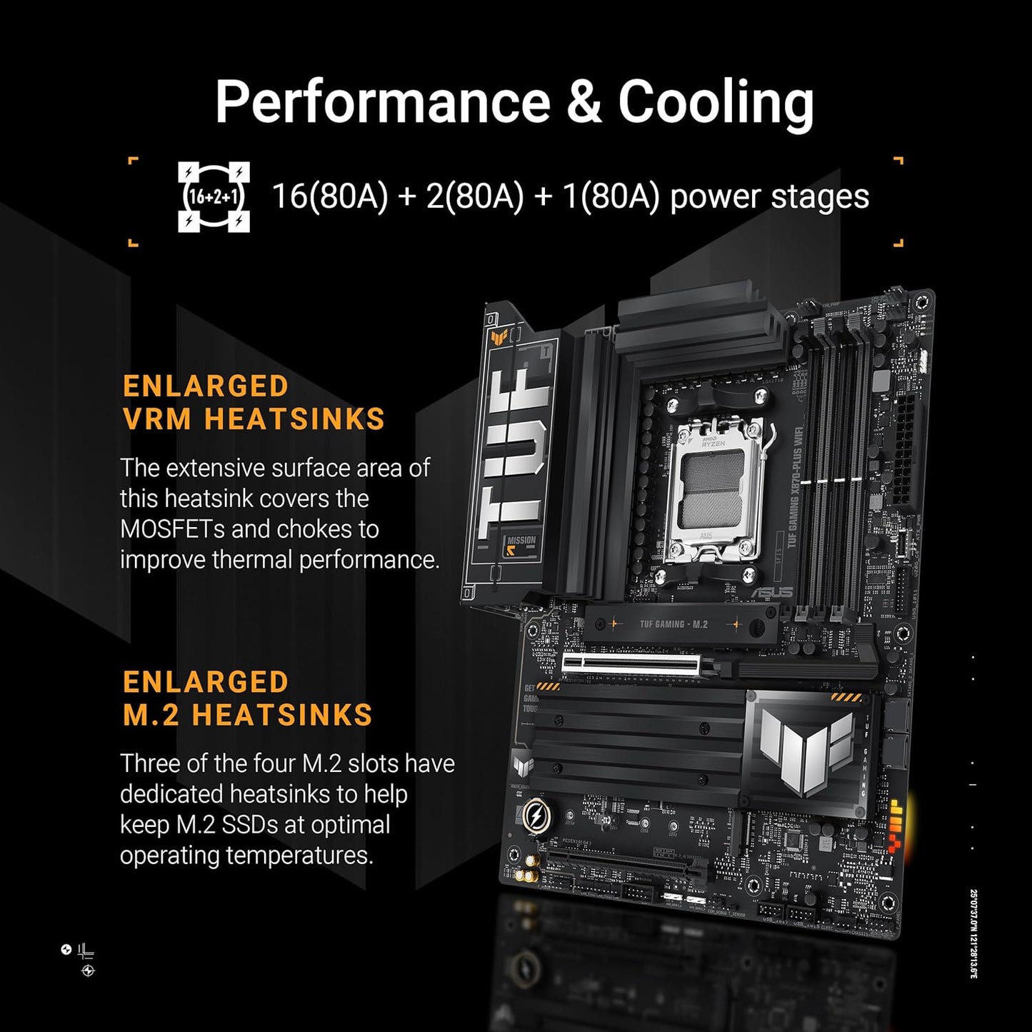ASUS TUF Gaming X870-PLUS Carte mère WiFi AMD AM5 X870 ATX, 16+2+1, 80A SPS Power Stages, DDR5, PCIe 5.0 Ready, Quatre emplacements M.2, Wi-FI 7, LAN 2,5 Go, HDMI, USB4® 40 Gbit/s, SATA 6 Gbit/s, USB