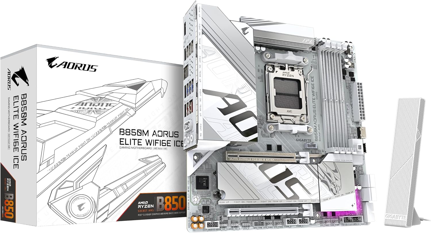 GIGABYTE B850M AORUS Elite WIFI6E Ice Carte Mère - Processeurs AMD Ryzen Série 9000, 12+2+1 Phases VRM numériques, jusqu'à 8200MHz DDR5 (OC), 1xPCIe 5.0 + 1xPCIe 4.0 M.2, WiFi 7, USB 3.2 Gen 2