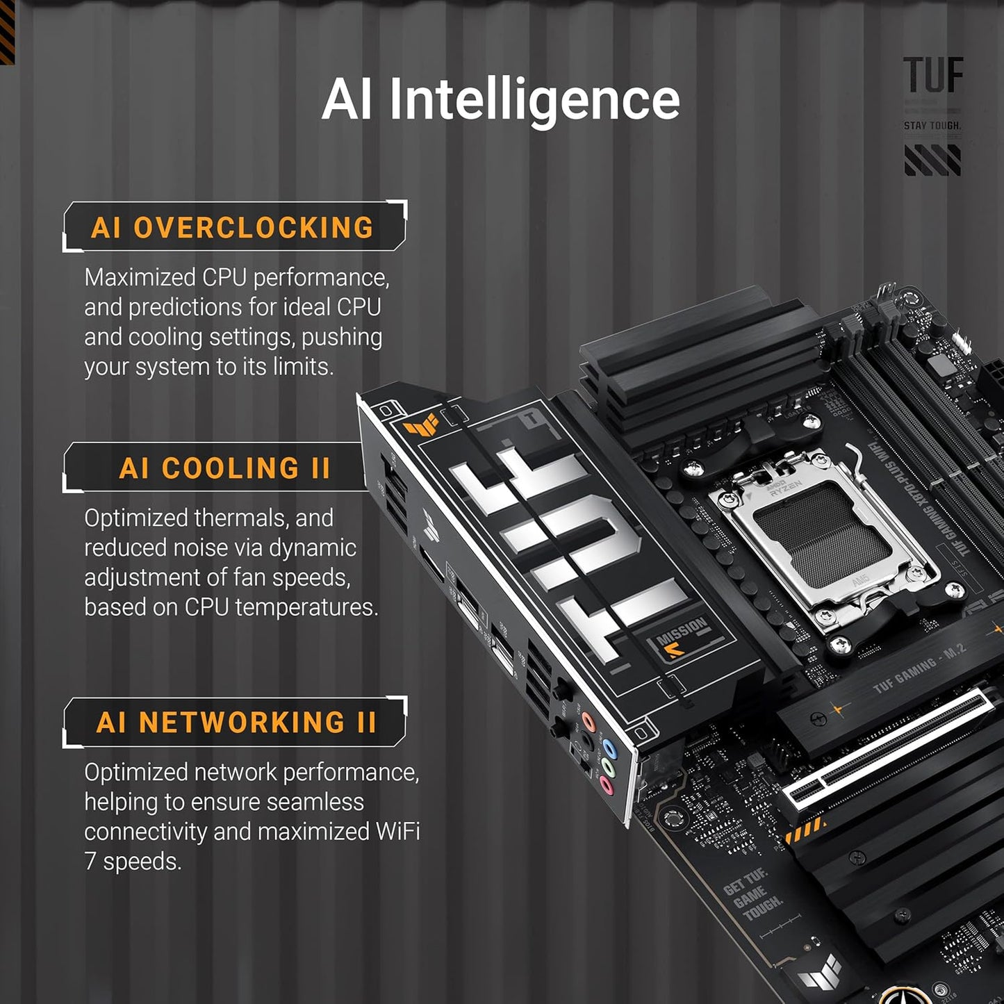 ASUS TUF Gaming X870-PLUS Carte mère WiFi AMD AM5 X870 ATX, 16+2+1, 80A SPS Power Stages, DDR5, PCIe 5.0 Ready, Quatre emplacements M.2, Wi-FI 7, LAN 2,5 Go, HDMI, USB4® 40 Gbit/s, SATA 6 Gbit/s, USB
