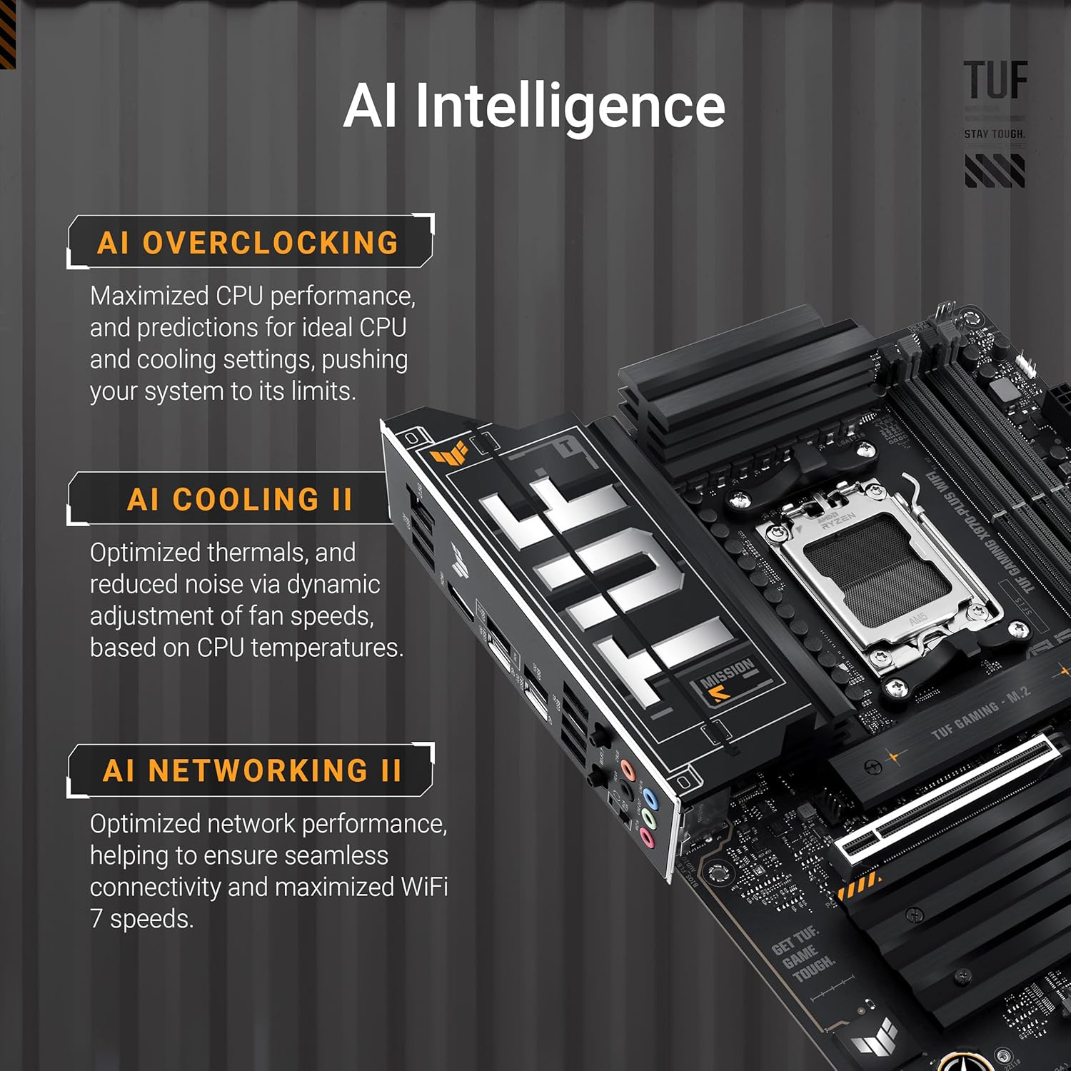 ASUS TUF Gaming X870-PLUS Carte mère WiFi AMD AM5 X870 ATX, 16+2+1, 80A SPS Power Stages, DDR5, PCIe 5.0 Ready, Quatre emplacements M.2, Wi-FI 7, LAN 2,5 Go, HDMI, USB4® 40 Gbit/s, SATA 6 Gbit/s, USB