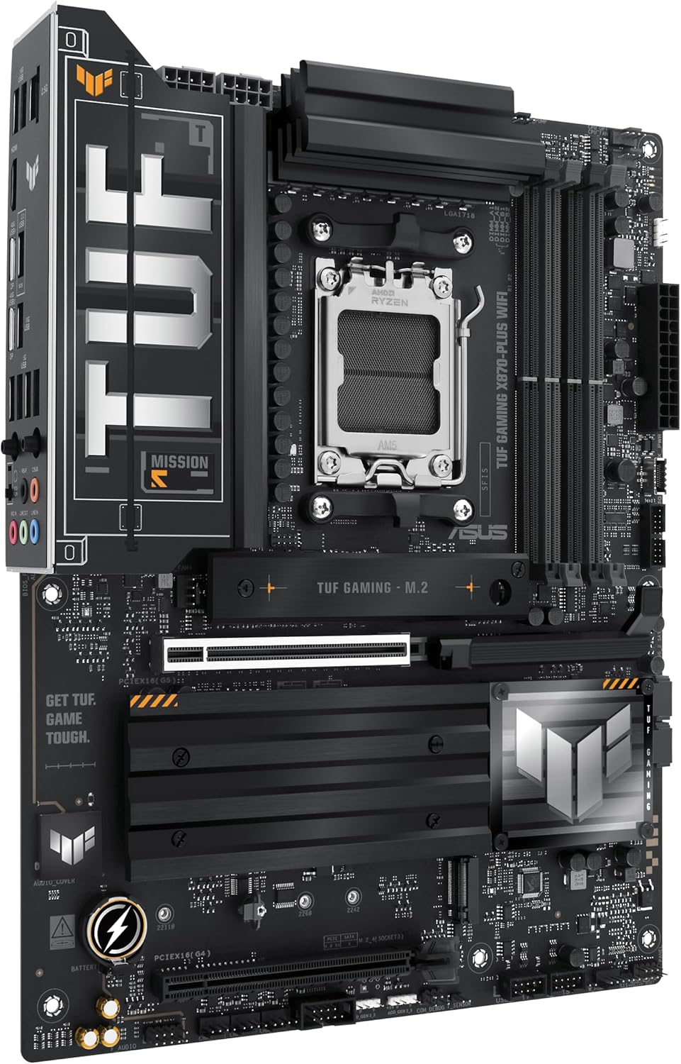 ASUS TUF Gaming X870-PLUS Carte mère WiFi AMD AM5 X870 ATX, 16+2+1, 80A SPS Power Stages, DDR5, PCIe 5.0 Ready, Quatre emplacements M.2, Wi-FI 7, LAN 2,5 Go, HDMI, USB4® 40 Gbit/s, SATA 6 Gbit/s, USB