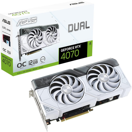 ASUS Dual GeForce RTX™ 4070 White OC Edition 12GB GDDR6X (PCIe 4.0, 12GB GDDR6X, DLSS 3, HDMI 2.1, DisplayPort 1.4a, 2.56-Slot Design, Axial-tech Fan Design, 0dB Technology, and More)