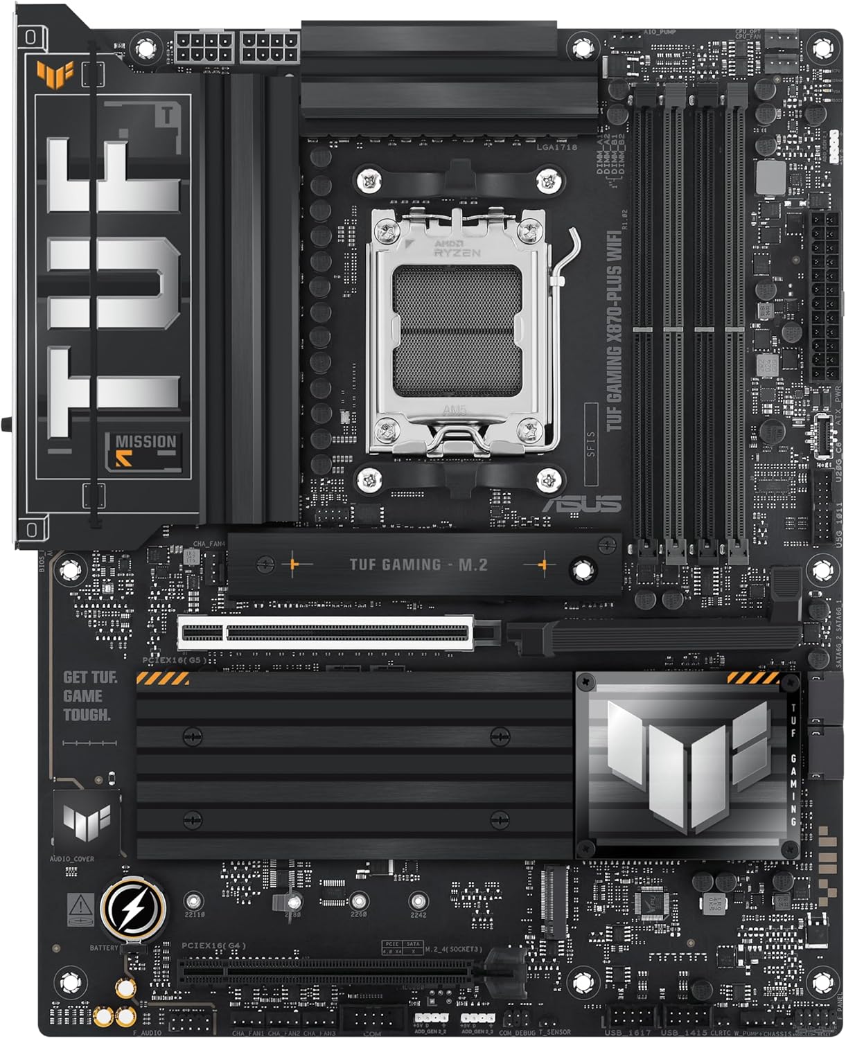 ASUS TUF Gaming X870-PLUS Carte mère WiFi AMD AM5 X870 ATX, 16+2+1, 80A SPS Power Stages, DDR5, PCIe 5.0 Ready, Quatre emplacements M.2, Wi-FI 7, LAN 2,5 Go, HDMI, USB4® 40 Gbit/s, SATA 6 Gbit/s, USB