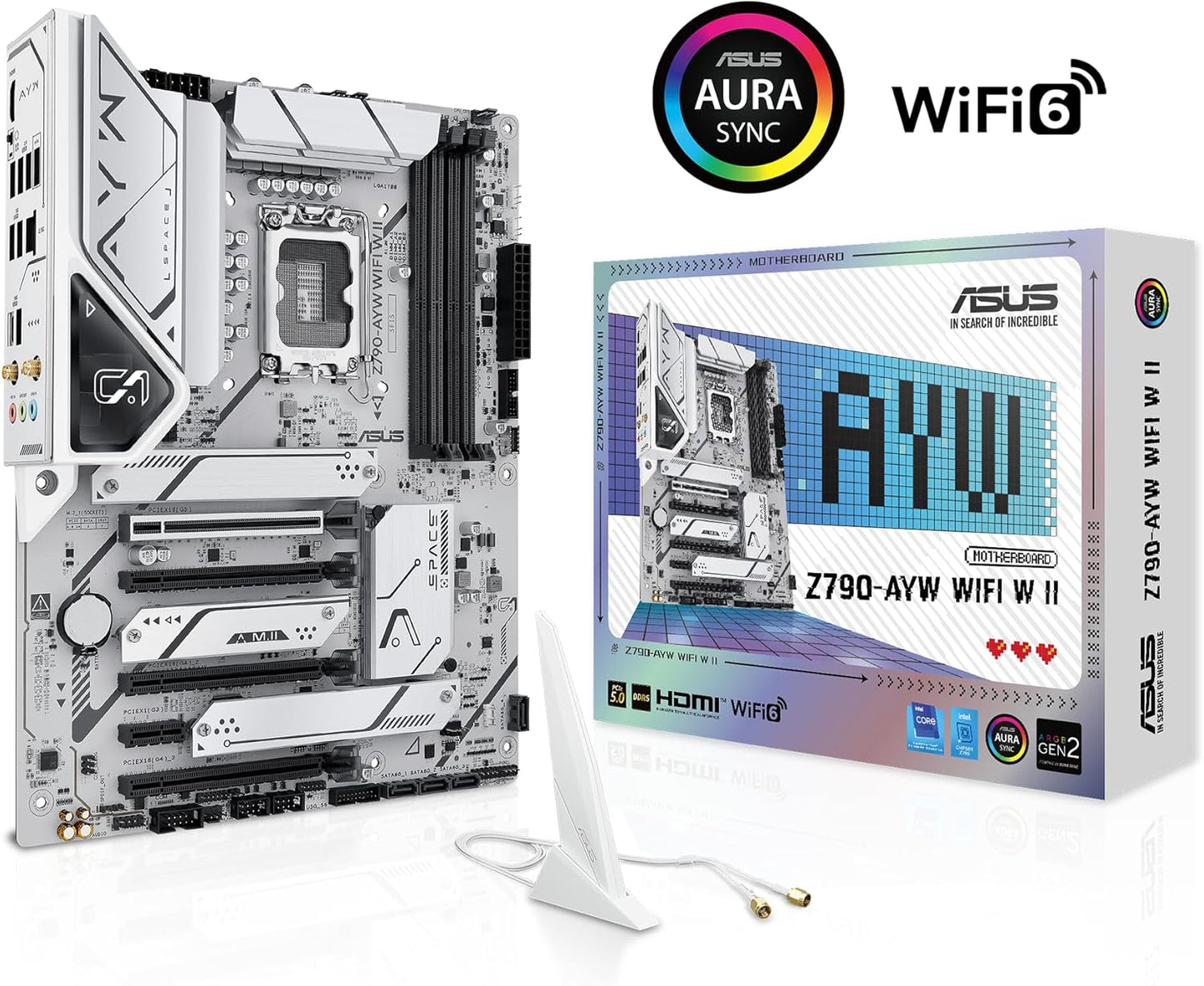 ASUS Z790-AYW Carte mère WiFi W II Intel Z790 (LGA 1700) ATX avec PCIe® 5.0, 3X M.2, 12+1 DrMOS, DDR5, WiFi 6, LAN 2,5 Go, HDMI, USB 10 Gbps Type-C®, USB 10 Gbps Type-C®, Thunderbolt™, USB4®, Aura