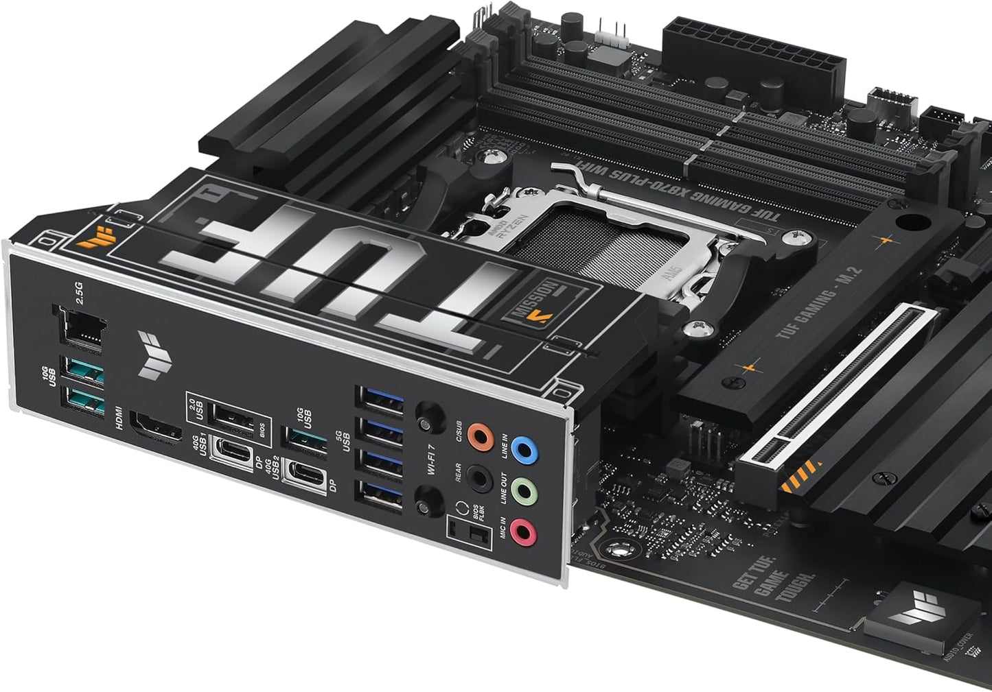 ASUS TUF Gaming X870-PLUS Carte mère WiFi AMD AM5 X870 ATX, 16+2+1, 80A SPS Power Stages, DDR5, PCIe 5.0 Ready, Quatre emplacements M.2, Wi-FI 7, LAN 2,5 Go, HDMI, USB4® 40 Gbit/s, SATA 6 Gbit/s, USB