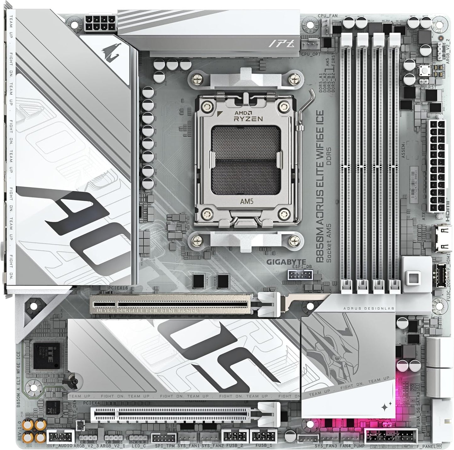 GIGABYTE B850M AORUS Elite WIFI6E Ice Carte Mère - Processeurs AMD Ryzen Série 9000, 12+2+1 Phases VRM numériques, jusqu'à 8200MHz DDR5 (OC), 1xPCIe 5.0 + 1xPCIe 4.0 M.2, WiFi 7, USB 3.2 Gen 2