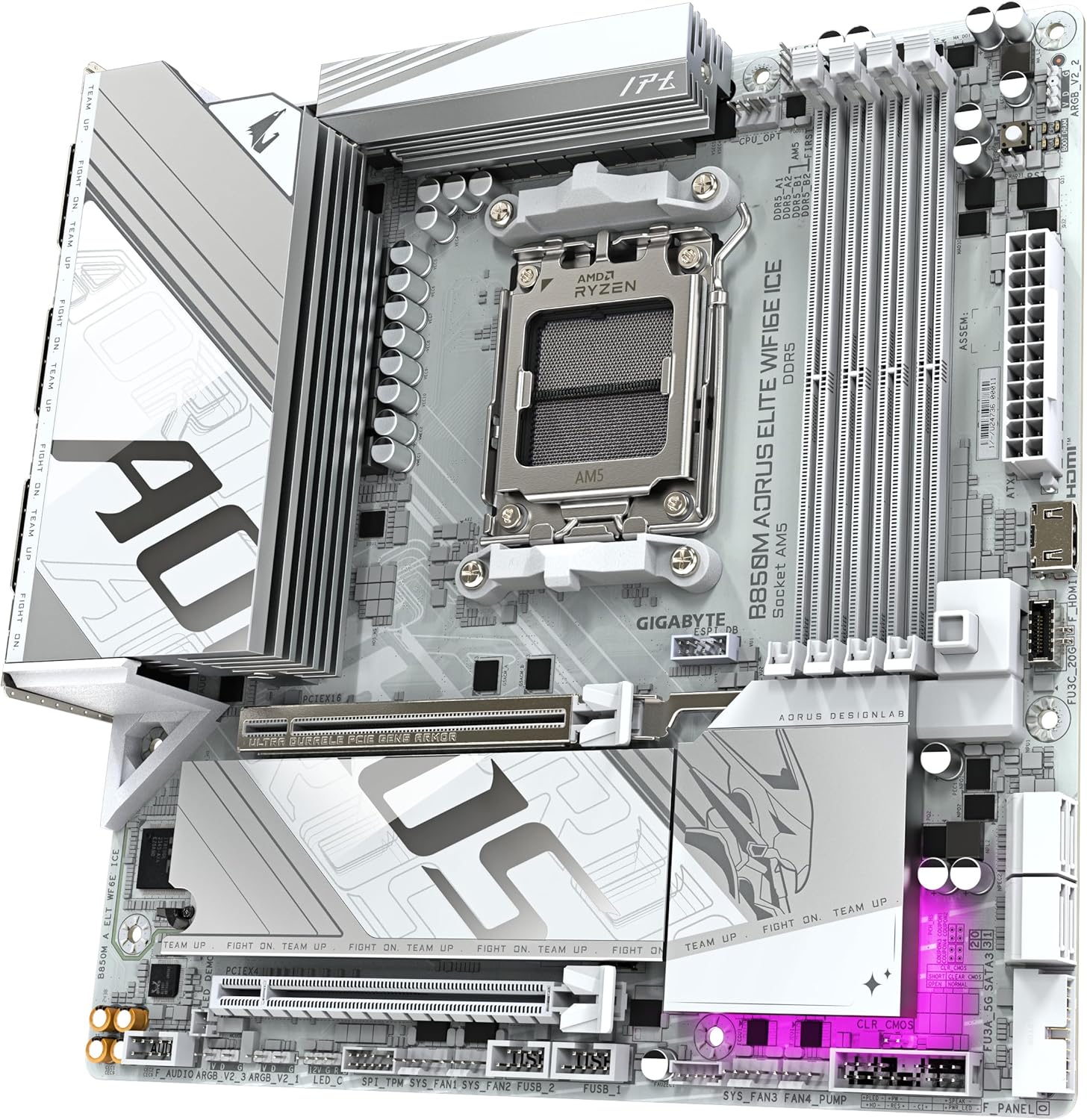 GIGABYTE B850M AORUS Elite WIFI6E Ice Carte Mère - Processeurs AMD Ryzen Série 9000, 12+2+1 Phases VRM numériques, jusqu'à 8200MHz DDR5 (OC), 1xPCIe 5.0 + 1xPCIe 4.0 M.2, WiFi 7, USB 3.2 Gen 2